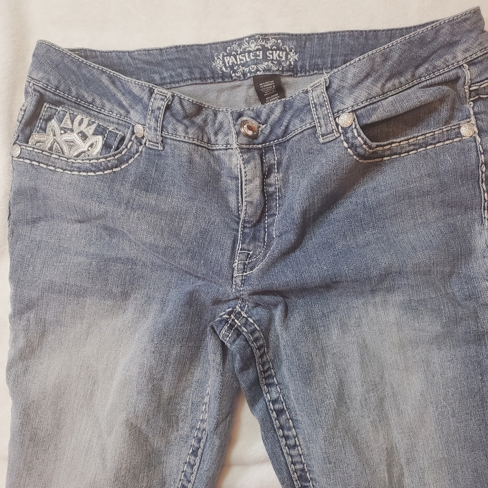 Paisley Sky Y2k Thick Stitch Embellished Pocket Jeans Skinny 37x29 Size 16 - Picture 2 of 4